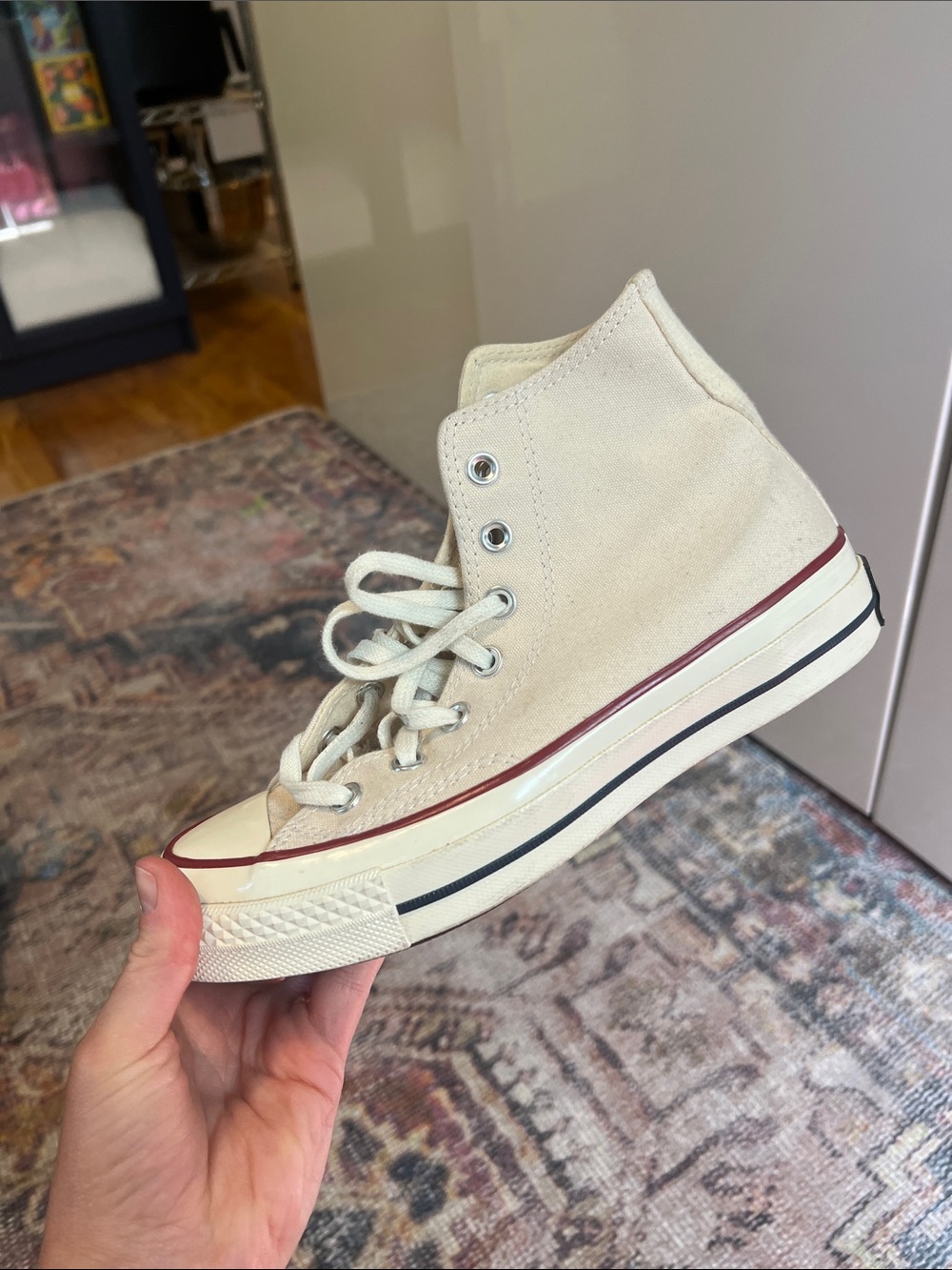 Converse High-Top Sneakers in Cream with Burgundy Stripe - Picture 6 of 8